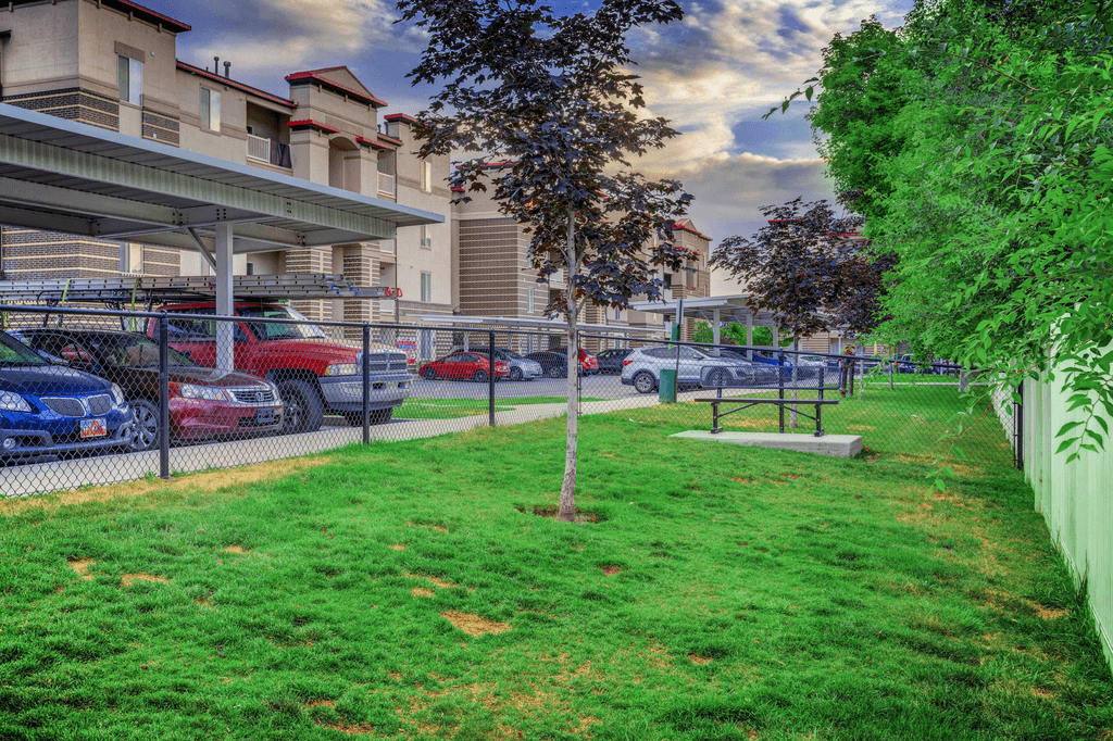 Fenced in yard with bench, covered parking and native landscape