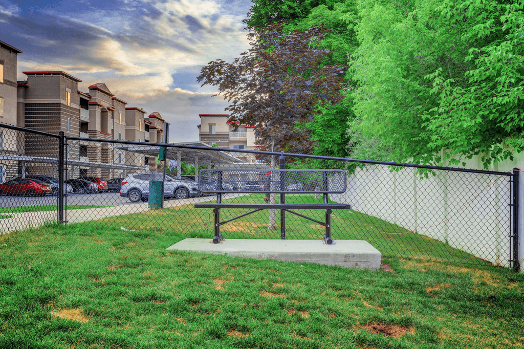 Bench within a fenced in yard and native landscape