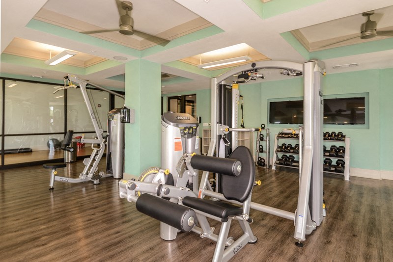 a gym with weights and other exercise equipment in a room with green walls