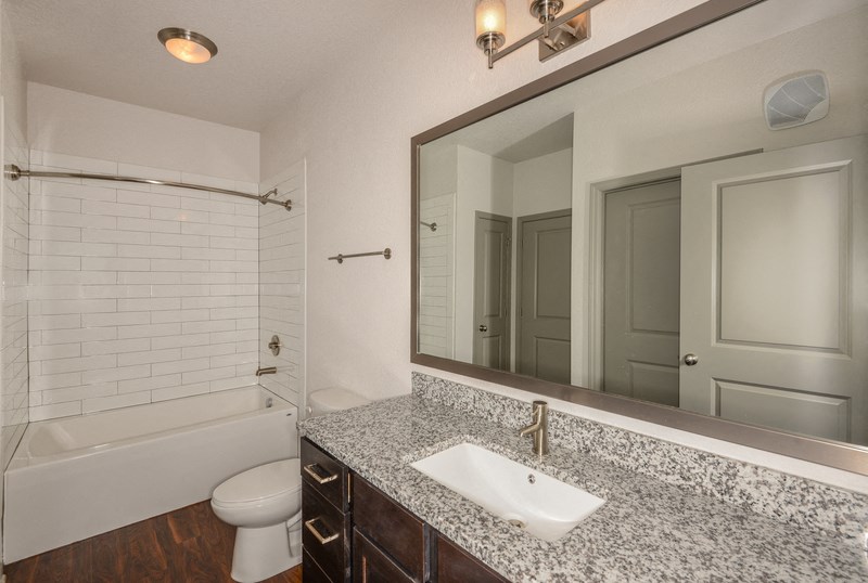 a bathroom with a sink and a mirror and a tub and shower