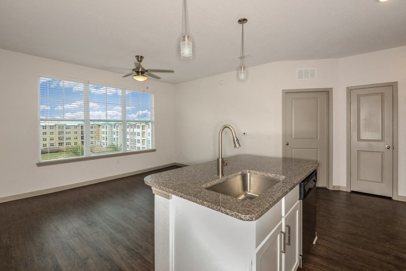 an empty kitchen with a sink and a window