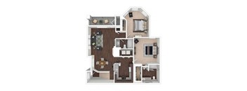 A 3D floor plan of a house showing a kitchen, living room, dining room, and bedrooms.