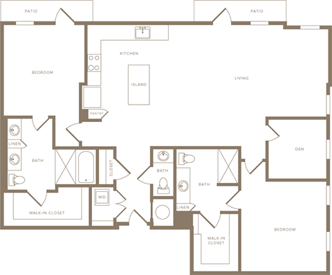 Two Bedroom Two and a half Bathroom Floorplan 1550