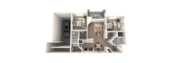 A 3D floor plan of a small apartment with a kitchen, living room, and bathroom.