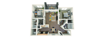 A 3D floor plan of a small apartment with a kitchen, living room, and bedroom.