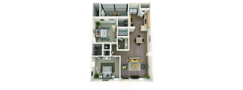 A 3D floor plan of a small apartment with a living room, kitchen, and bedroom.