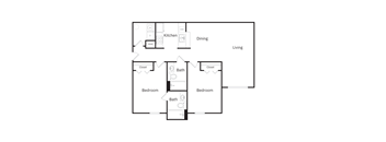 A floor plan of a living space with two bedrooms, a kitchen, and a bathroom.