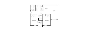 A floor plan of a living space with two bedrooms, a kitchen, a bathroom, and a dining area.