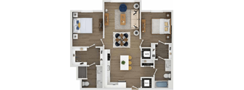 A top-down view of a well-organized apartment with a kitchen, living room, dining area, and bathroom.