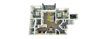A 3D floor plan of a small apartment with a kitchen, living room, and bedroom.