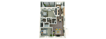 A 3D floor plan of a small apartment with a kitchen, living room, and bedroom.