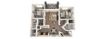 A 3D floor plan of a house with a living room, kitchen, and two bedrooms.