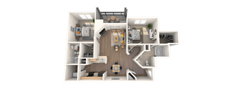A 3D rendered image of a small apartment layout.
