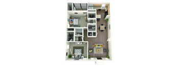 A detailed 3D floor plan of a small apartment.