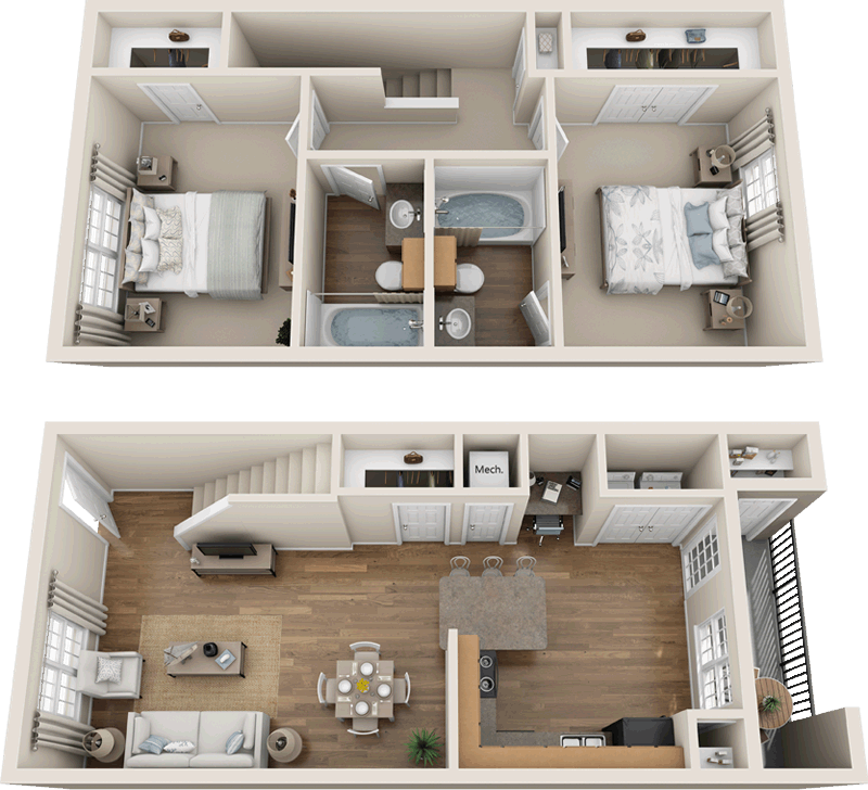 B3 Townhouse Floor Plan 2  bedroom 2 bath