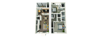 A 3D floor plan of a two-bedroom apartment.