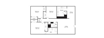 A black and white image of a floor plan for a home with three bedrooms, a kitchen, a dining area, a living room, and two bathrooms.