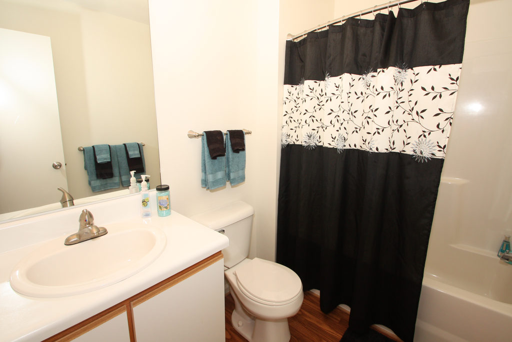 The furnished bathroom has hardwood style flooring, white with tan trim cabinetry under the sink, and a mounted mirror above the sink area. The wall behind the toilet has a towel rack with teal and black hand towels. The shower/tub combo has a black shower curtain with a teal and black floral pattern.