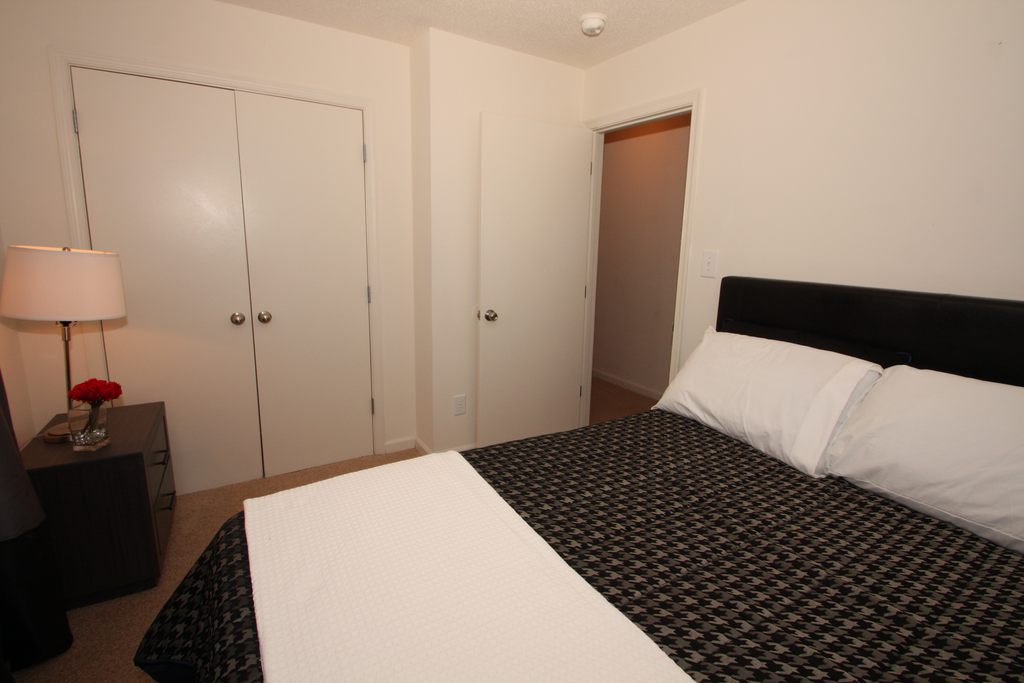 The furnished bedroom is carpeted with a queen bedr and nightstand. The bed has a houndstooth comforter with white throw blanket, and a white pillow.