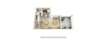 A drawing of a house with a kitchen, dining room, and living room.