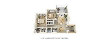 A 3D floor plan of a house with a kitchen, living room, and bathroom.