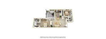 A 3D floor plan of a house with a kitchen, living room, dining room, and bedrooms.