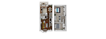 A floor plan of a two-story apartment with a living room, kitchen, and bathroom on the first floor, and a bedroom with a bathroom on the second floor.