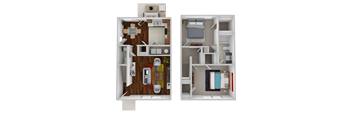 A floor plan of a small apartment with two bedrooms and a living area.