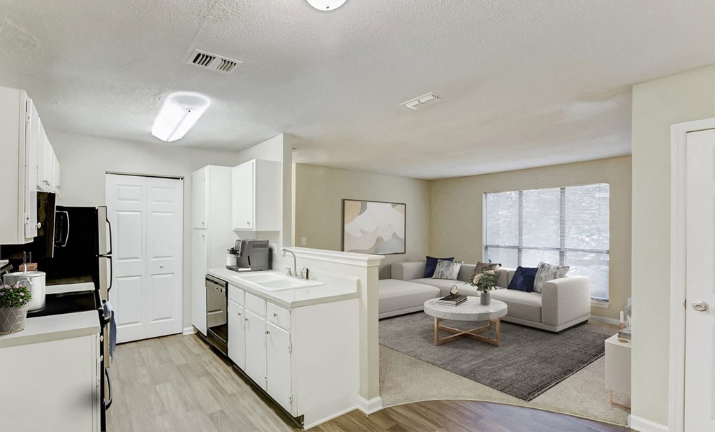 Kitchen And Living Area View at Brandemere Apartment Homes, North Carolina, 27106