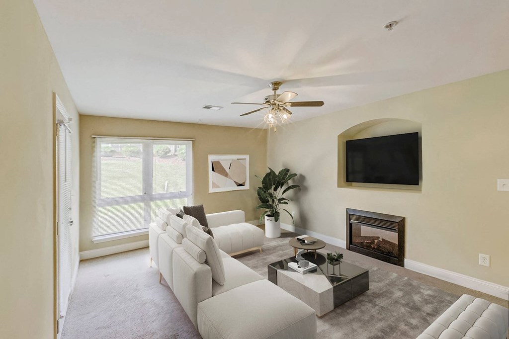 Living Area With Fireplace at Brandemere Apartment Homes, Winston Salem, NC, 27106