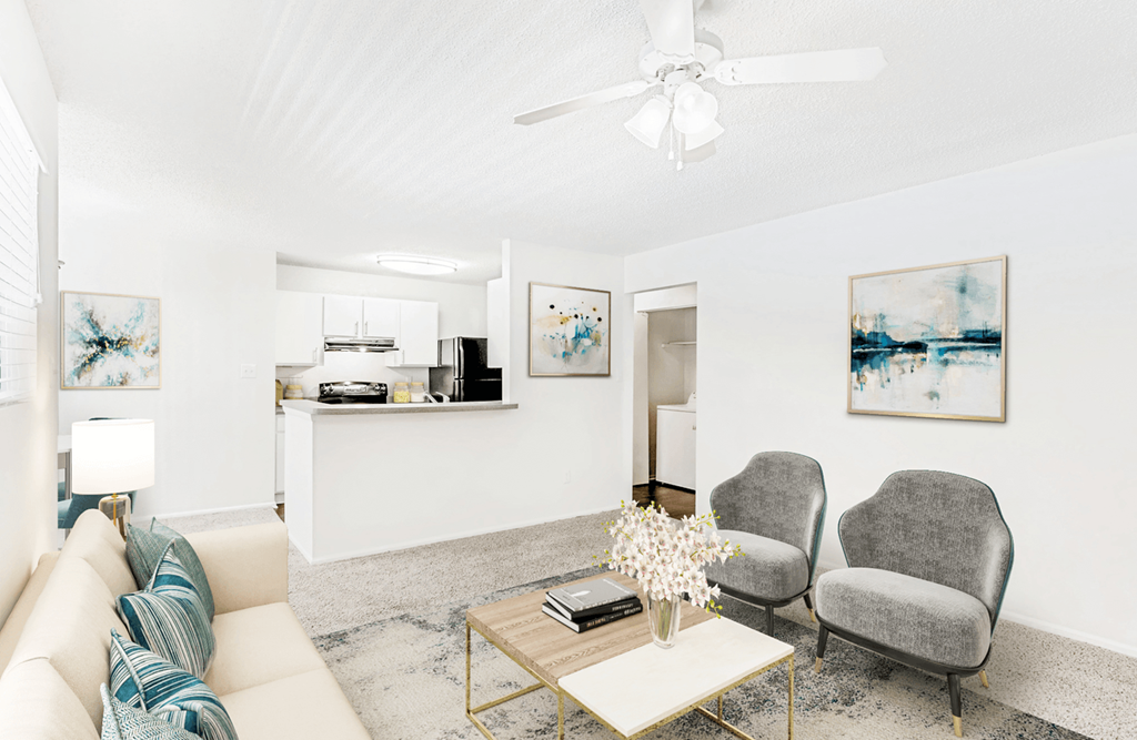 Living Room With Kitchen at Bridges at Mallard Creek Apartment Homes, Charlotte, North Carolina