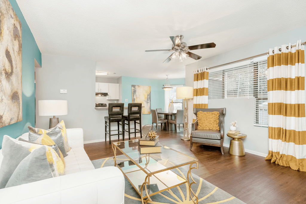 Living Room With Kitchen at Bridges at Mallard Creek Apartment Homes, Charlotte, NC, 28269