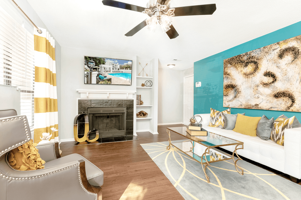 Living Area With Fireplace at Bridges at Mallard Creek Apartment Homes, Charlotte, 28269