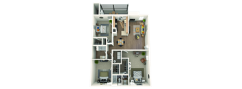 A 3D floor plan of a house showing a kitchen, living room, dining room, and two bedrooms.