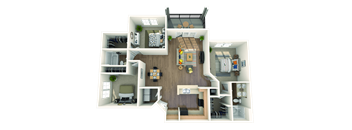 A 3D floor plan of a house with a living room, kitchen, and bedrooms.