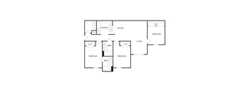 A floor plan of a house with a kitchen, dining area, and living room.