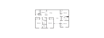 A floor plan of a house with a kitchen, dining room, living room, and multiple bedrooms.