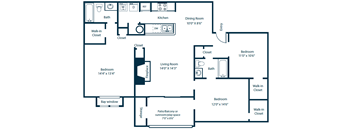 Southpark Commons C1 Floor Plan 3 Bedroom 2 Bath at Southpark Commons Apartment Homes, North Carolina
