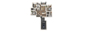 A 3D floor plan of a house with a car parked in the garage.