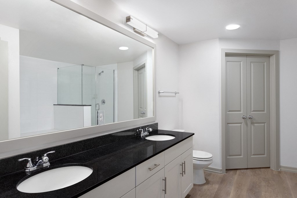 a bathroom with two sinks and a large mirror