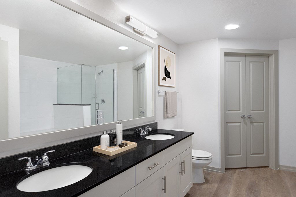 a bathroom with two sinks and a mirror