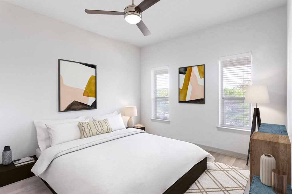 furnished bedroom with ceiling fan