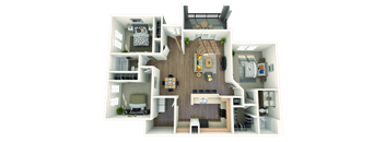 A 3D floor plan of a house showing all the rooms and their layouts.