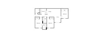 A floor plan of a house with a kitchen, dining room, living room, and four bedrooms.