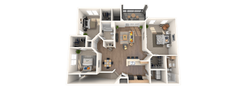 A 3D floor plan of a house with multiple rooms and furniture.