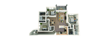 A 3D floor plan of a house with a kitchen, living room, and bedrooms.