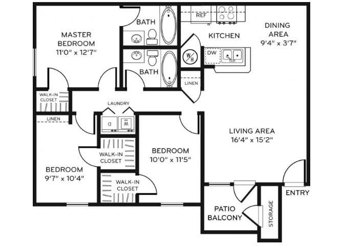 D1 Floor Plan 3 Bedroom 2 Bath