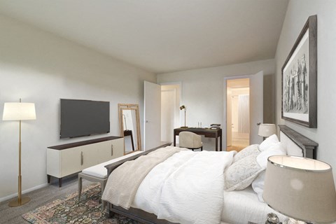 a bedroom with a bed and a tv