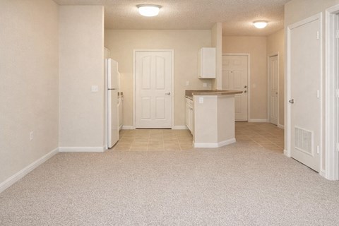 A white kitchen with a refrigerator, cabinets, and a countertop.