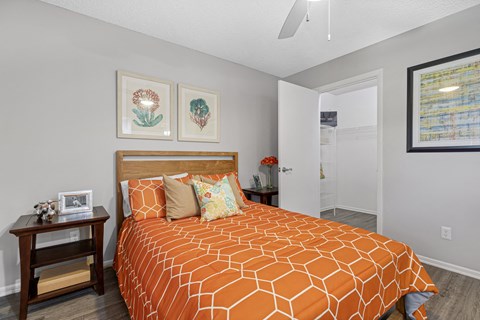 A bedroom with a closet and ceiling fan
